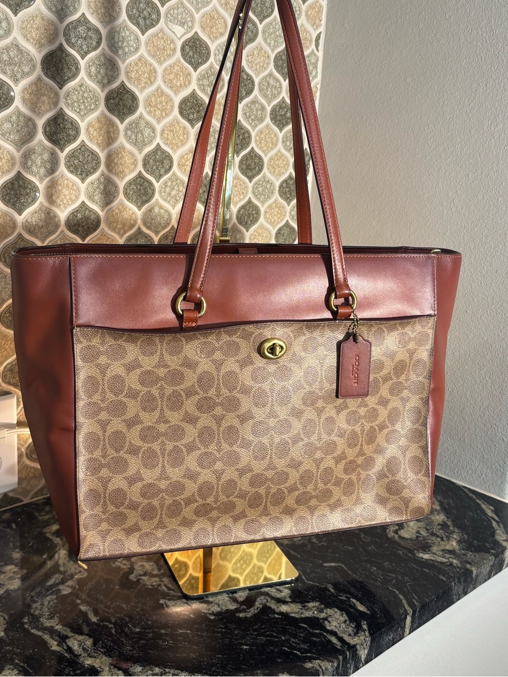 Coach Brown Signature Canvas Tote with Red-Brown Leather Trim